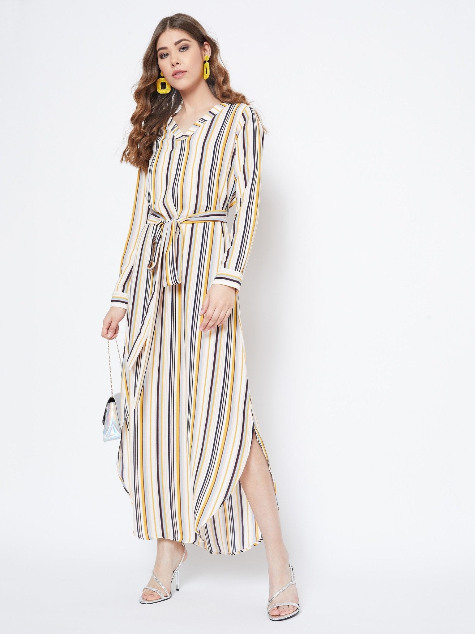 Folk Republic Women Multicolour Striped Pattern V-Neck Waist Tie-Up Maxi Dress - #folk republic#