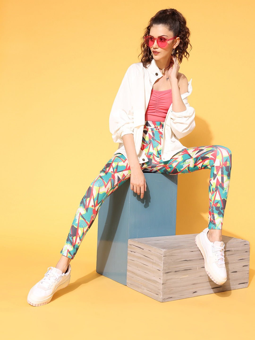 Folk Republic Women Multicoloured Abstract Printed Super Stretchy & High Waisted Sports Tights - #folk republic#