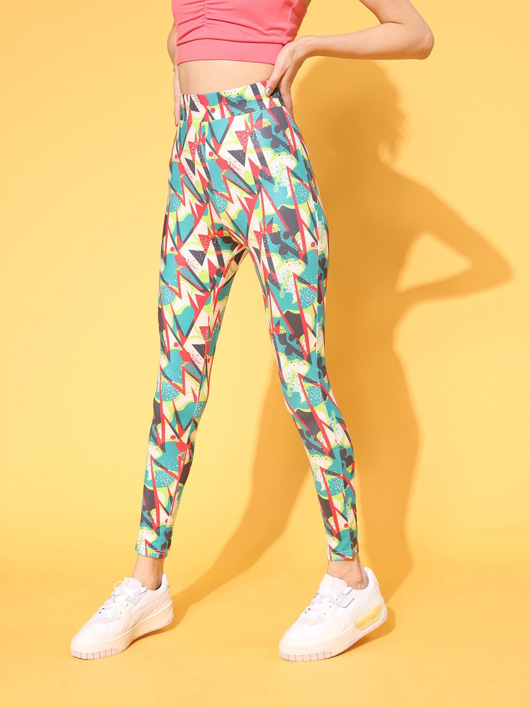 Folk Republic Women Multicoloured Abstract Printed Super Stretchy & High Waisted Sports Tights - #folk republic#