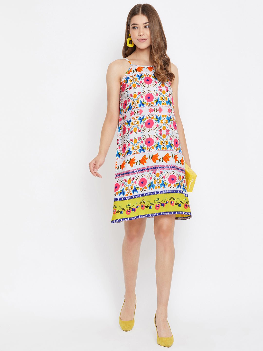 Folk Republic Women Multicoloured Floral Printed Halter Neck A-Line Mini Dress - #folk republic#