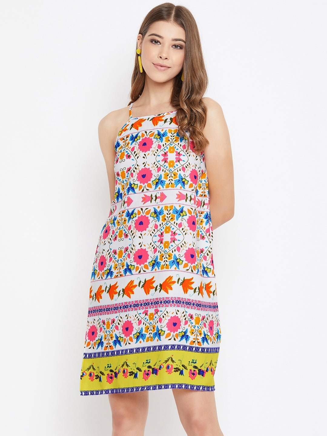 Folk Republic Women Multicoloured Floral Printed Halter Neck A-Line Mini Dress - #folk republic#