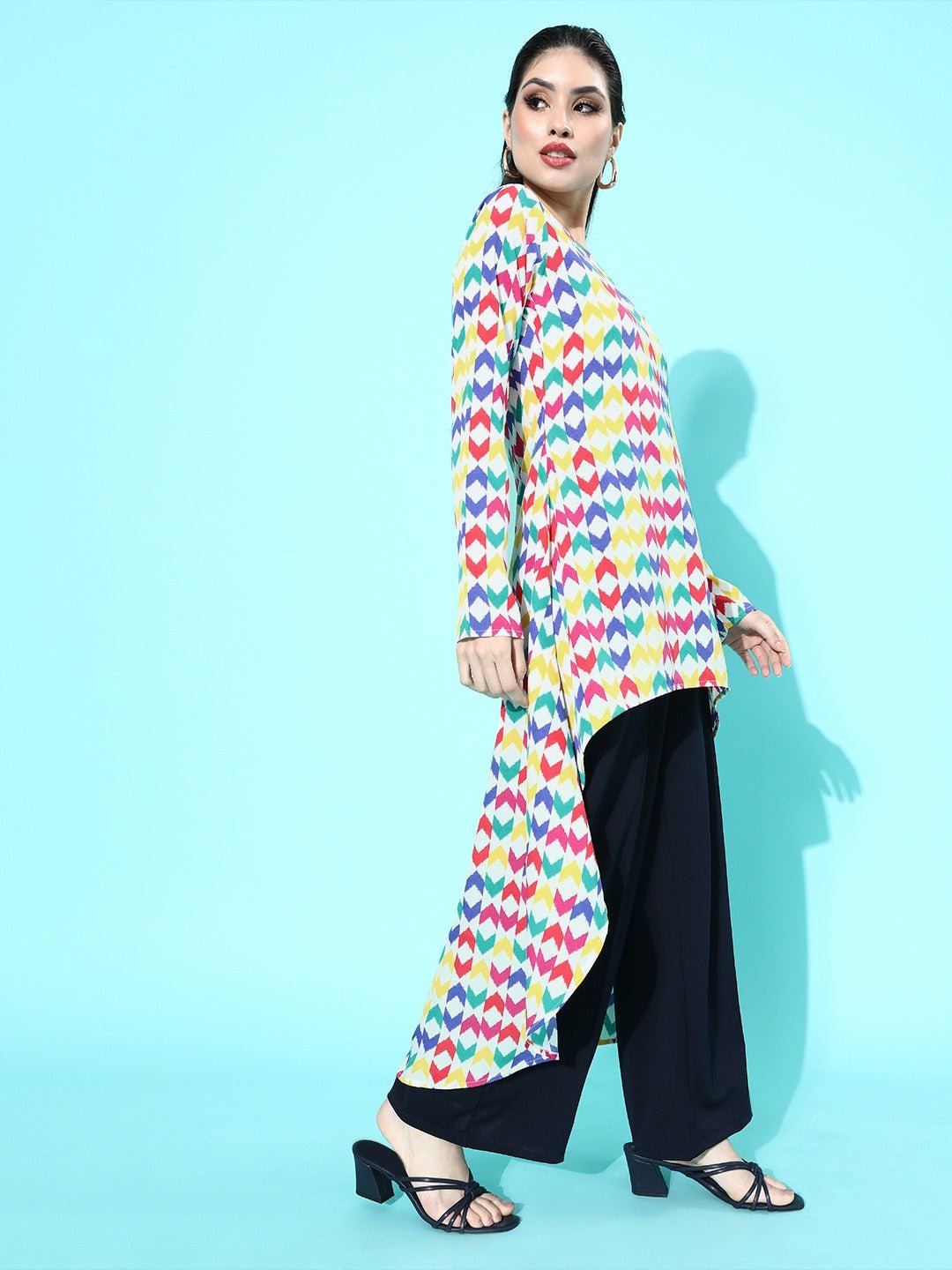 Folk Republic Women Multicoloured Geometric Print Round Neck High-Low Longline Top - #folk republic#