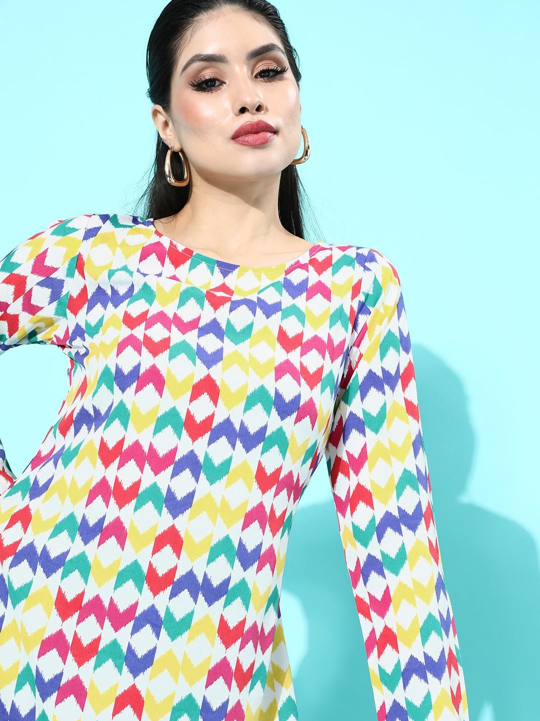 Folk Republic Women Multicoloured Geometric Print Round Neck High-Low Longline Top - #folk republic#