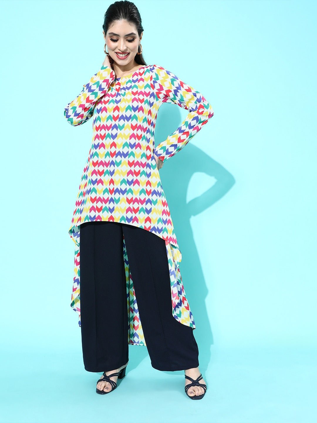 Folk Republic Women Multicoloured Geometric Print Round Neck High-Low Longline Top - #folk republic#