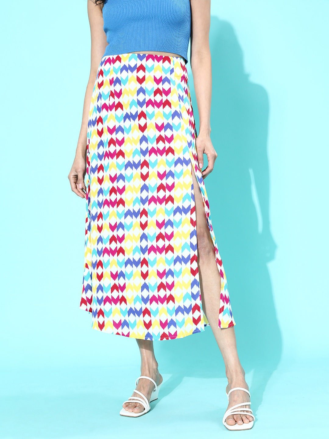 Folk Republic Women Multicoloured Geometric Printed Flared A-Line Midi Skirt - #folk republic#