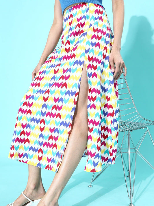 Folk Republic Women Multicoloured Geometric Printed Flared A-Line Midi Skirt - #folk republic#