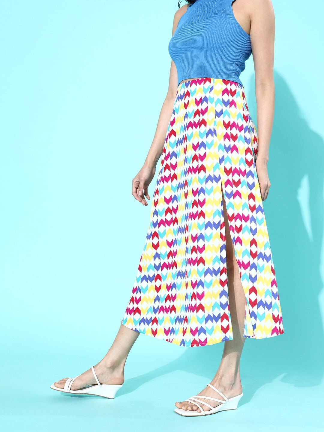 Folk Republic Women Multicoloured Geometric Printed Flared A-Line Midi Skirt - #folk republic#