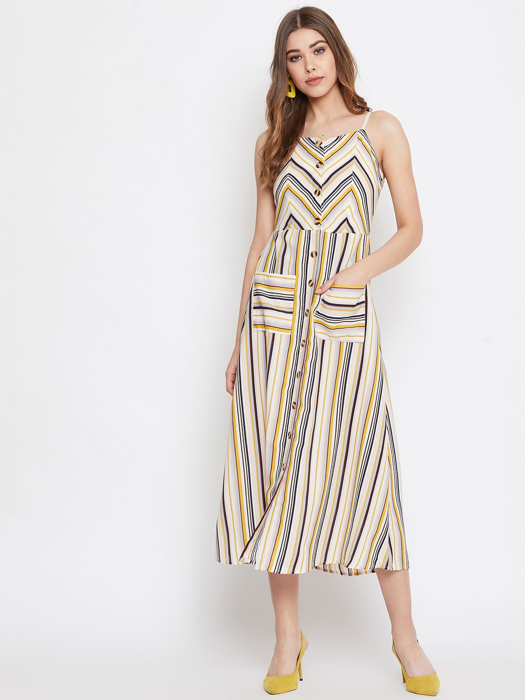 Folk Republic Women Multicoloured Stripe Patterned Button-Up Flared A-Line Midi Dress - #folk republic#