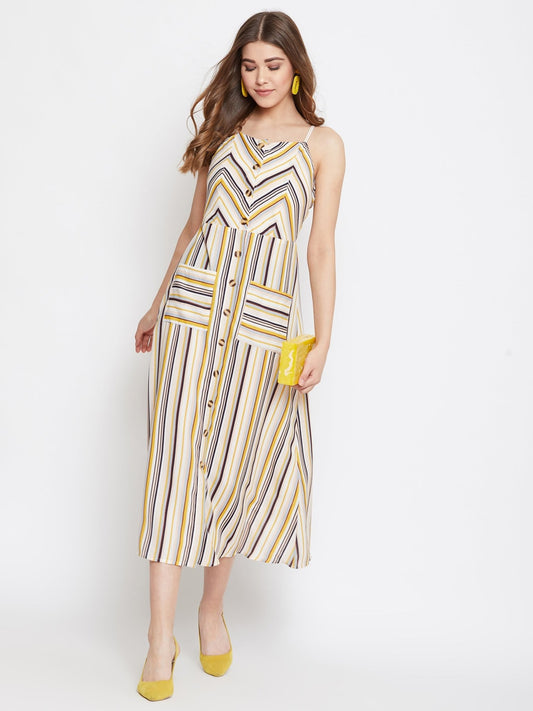 Folk Republic Women Multicoloured Stripe Patterned Button-Up Flared A-Line Midi Dress - #folk republic#