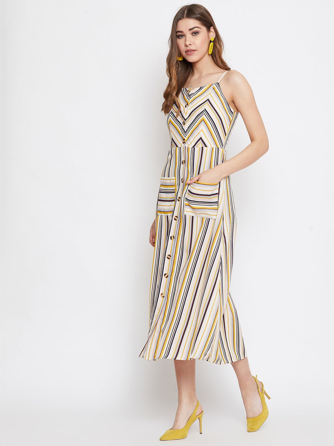 Folk Republic Women Multicoloured Stripe Patterned Button-Up Flared A-Line Midi Dress - #folk republic#