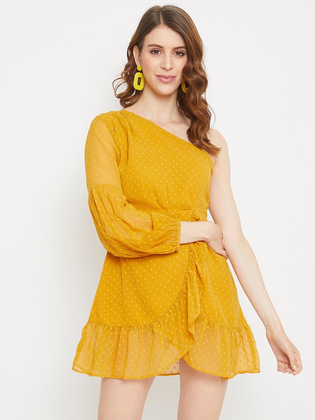 Folk Republic Women Mustard Dotted One-Shoulder Fit & Flare Mini Dress - #folk republic#