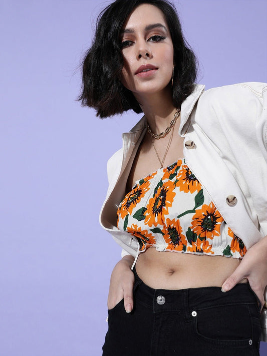 Folk Republic Women Mustard Floral Printed Bandeau Ruffled Crop Top - #folk republic#