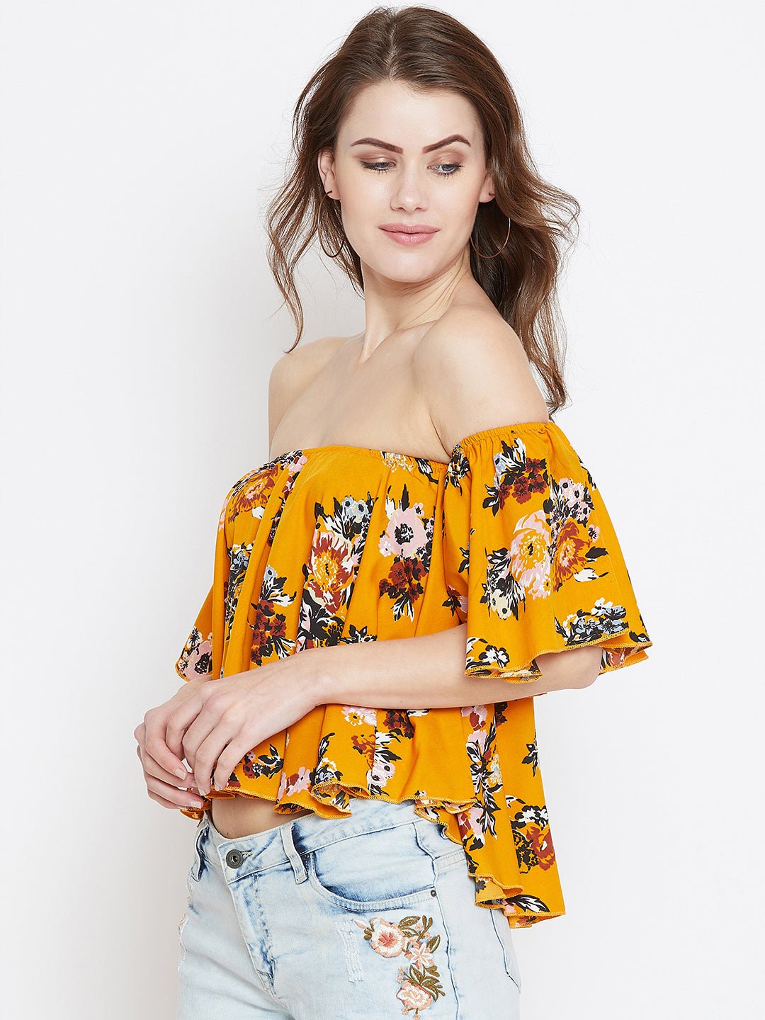 Folk Republic Women Mustard & Green Floral Printed Off-Shoulder Neck Ruffled Crop Bardot Top - #folk republic#