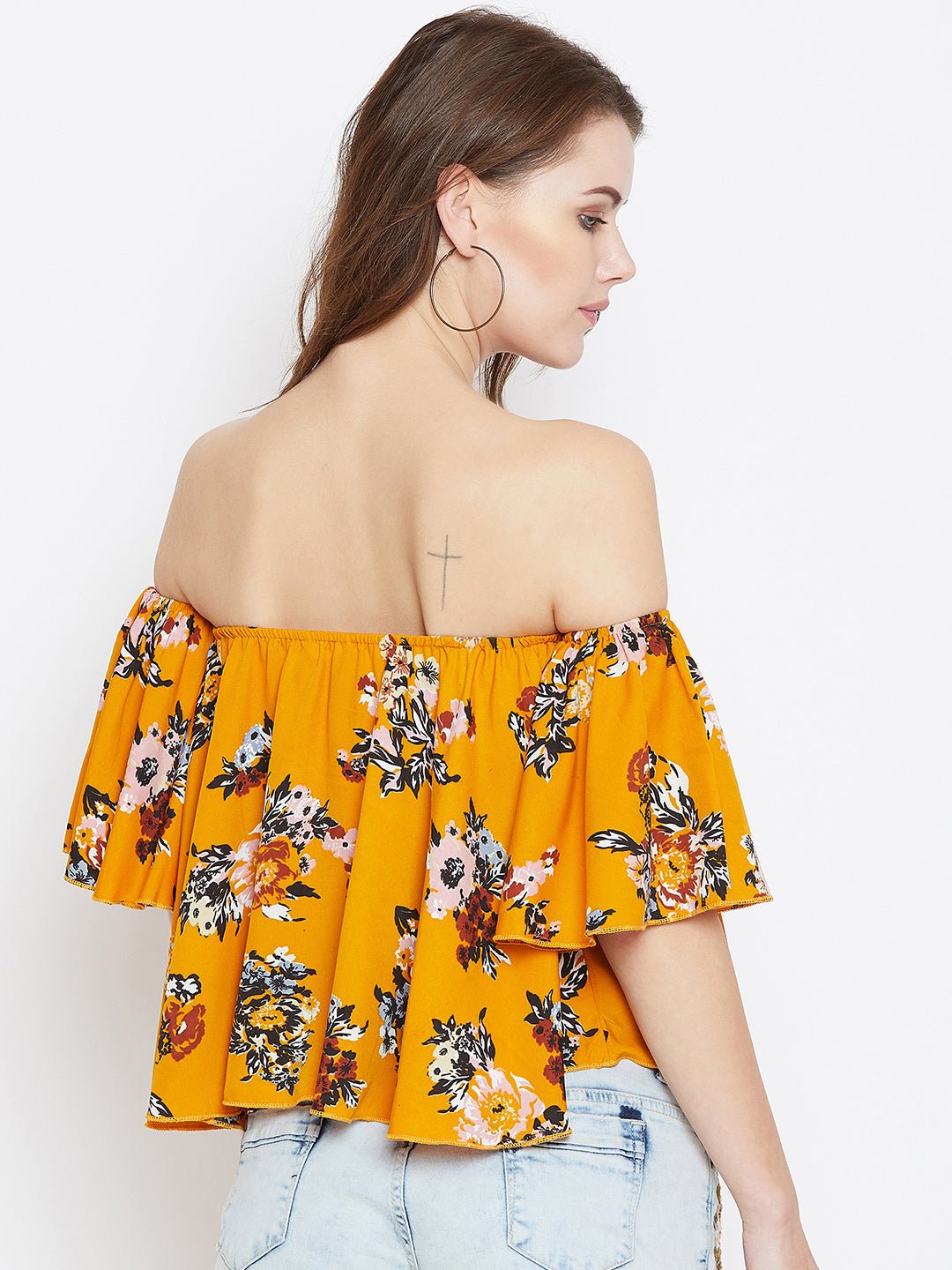Folk Republic Women Mustard & Green Floral Printed Off-Shoulder Neck Ruffled Crop Bardot Top - #folk republic#