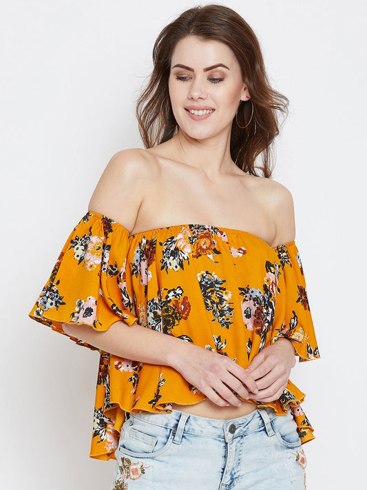 Folk Republic Women Mustard & Green Floral Printed Off-Shoulder Neck Ruffled Crop Bardot Top - #folk republic#