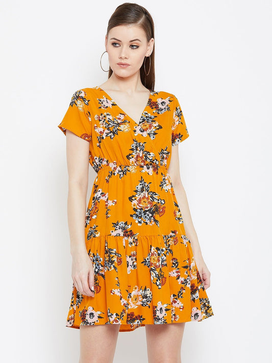 Folk Republic Women Mustard Orange Floral Printed V-Neck Flared Mini Empire Dress - #folk republic#
