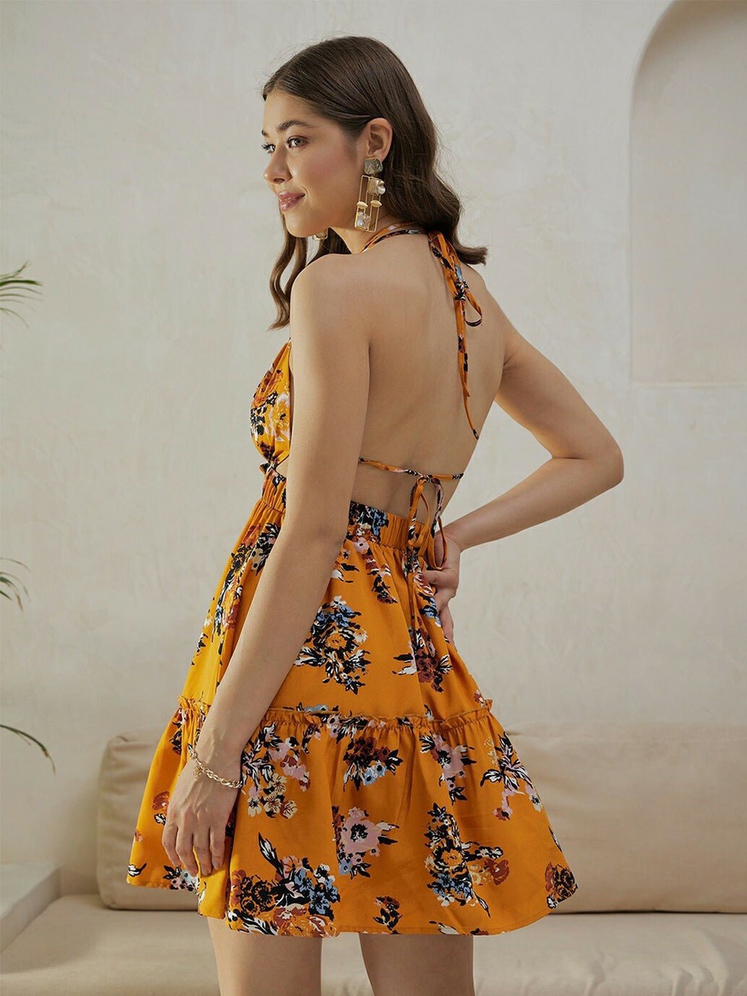 Folk Republic Women Mustard Yellow & Blue Floral Printed Halter Neck Sleeveless Tie-Up Backless Fit & Flare Mini Dress - #folk republic#