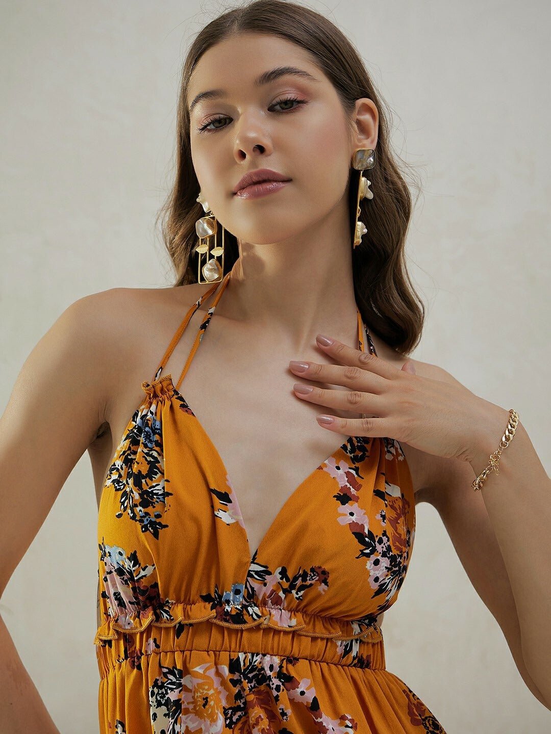 Folk Republic Women Mustard Yellow & Blue Floral Printed Halter Neck Sleeveless Tie-Up Backless Fit & Flare Mini Dress - #folk republic#