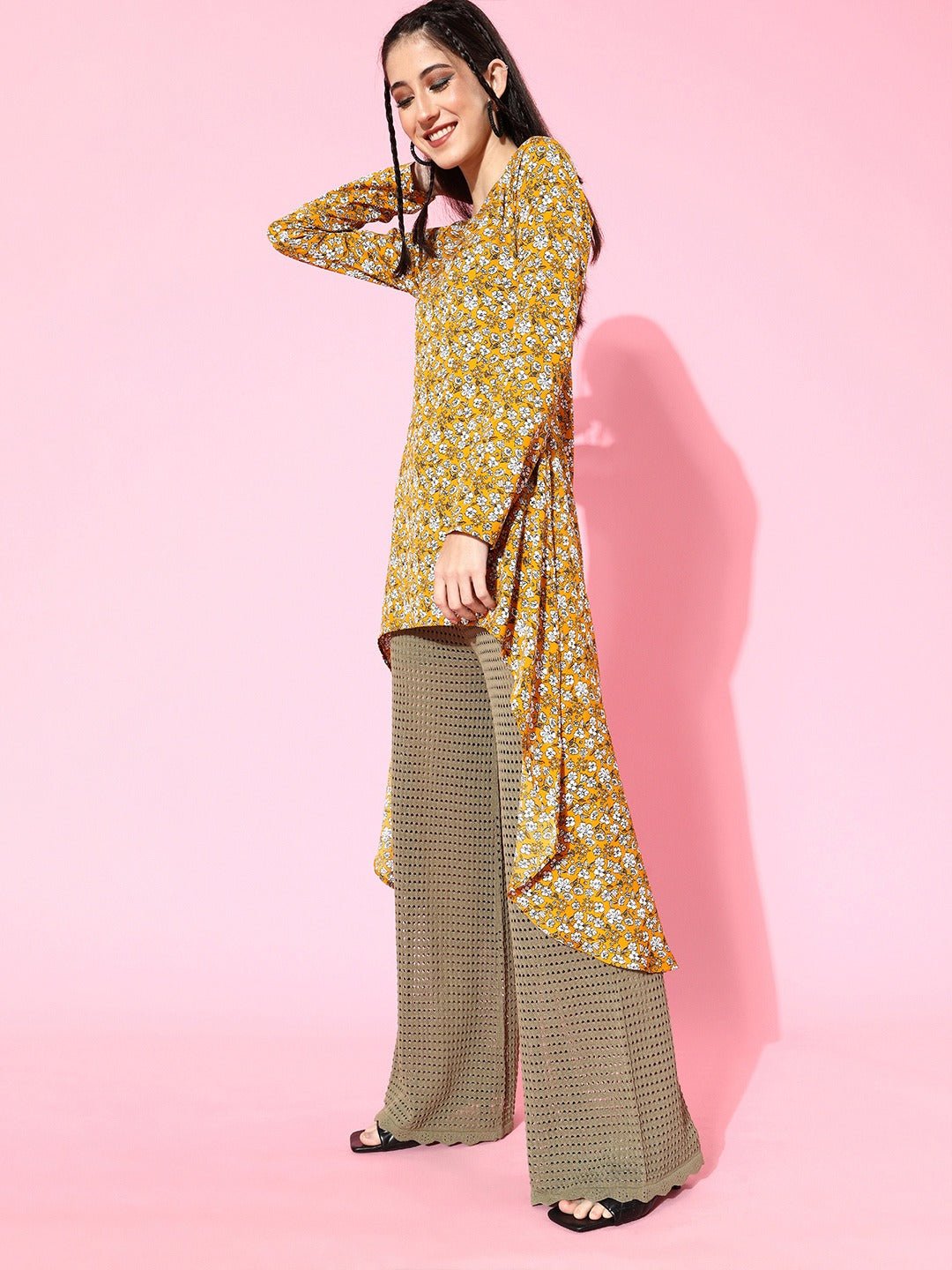 Folk Republic Women Mustard Yellow Floral Printed High-Low Longline Top - #folk republic#
