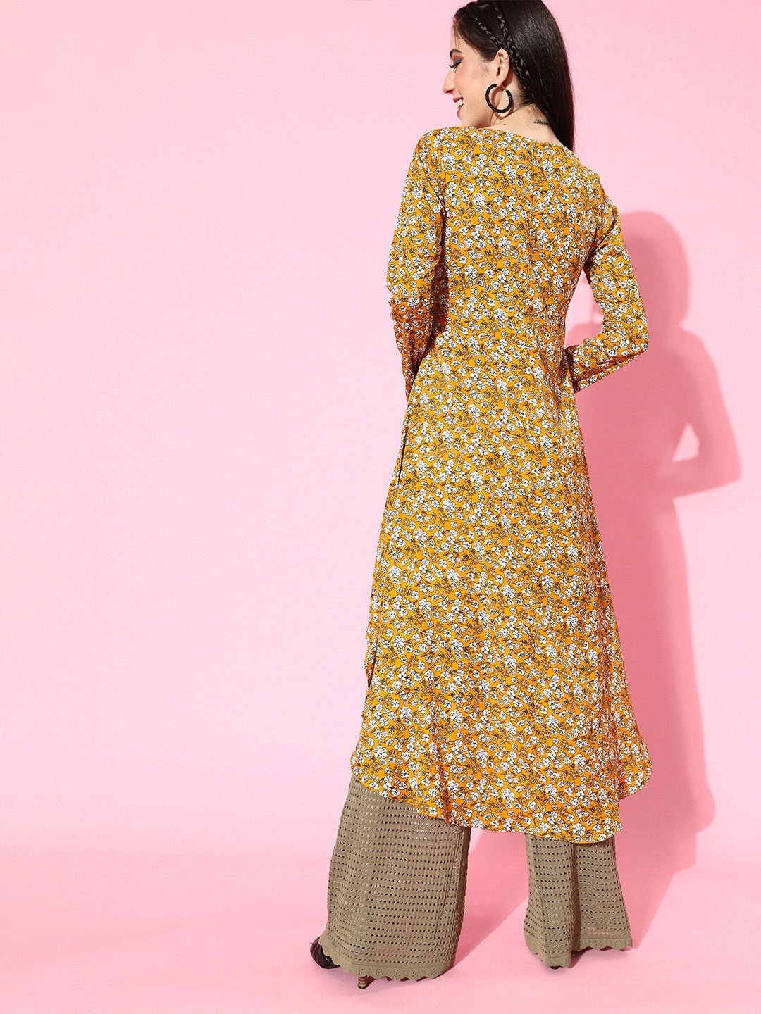 Folk Republic Women Mustard Yellow Floral Printed High-Low Longline Top - #folk republic#