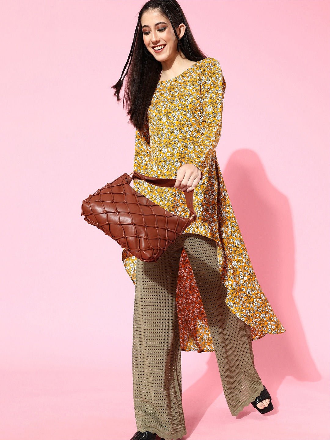 Folk Republic Women Mustard Yellow Floral Printed High-Low Longline Top - #folk republic#