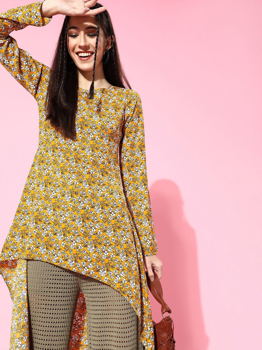 Folk Republic Women Mustard Yellow Floral Printed High-Low Longline Top - #folk republic#