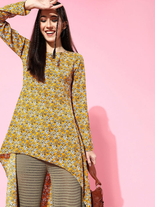 Folk Republic Women Mustard Yellow Floral Printed High-Low Longline Top - #folk republic#