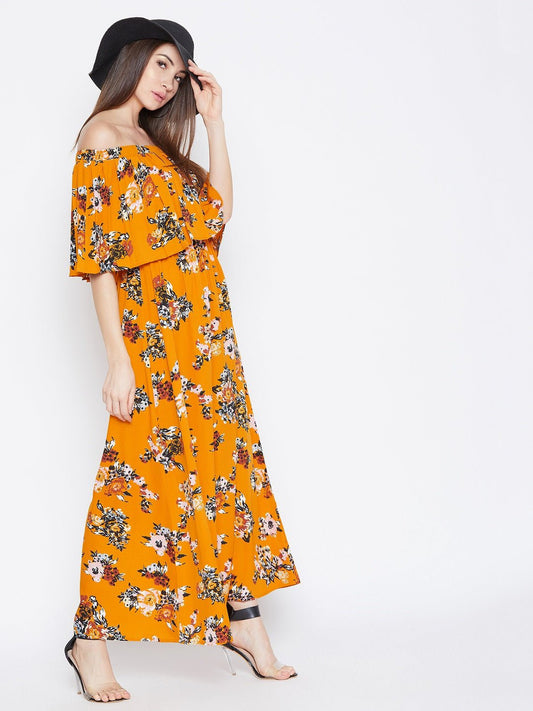 Folk Republic Women Mustard Yellow Floral Printed Off-Shoulder Neck Layered Maxi Dress - #folk republic#