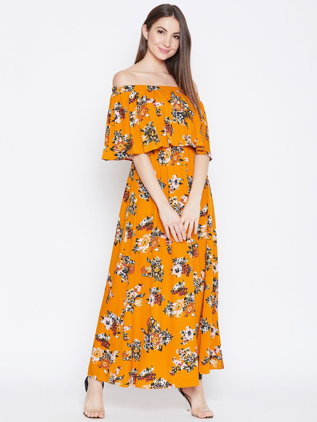 Folk Republic Women Mustard Yellow Floral Printed Off-Shoulder Neck Layered Maxi Dress - #folk republic#