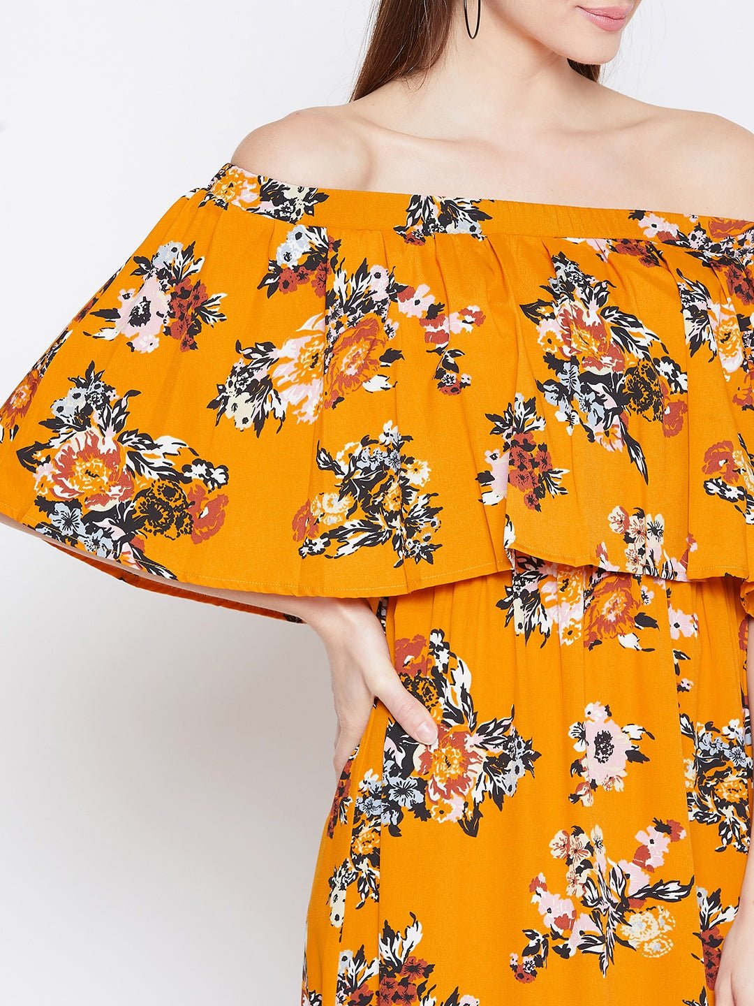 Folk Republic Women Mustard Yellow Floral Printed Off-Shoulder Neck Layered Maxi Dress - #folk republic#