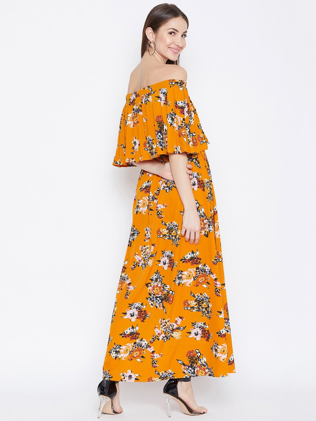 Folk Republic Women Mustard Yellow Floral Printed Off-Shoulder Neck Layered Maxi Dress - #folk republic#