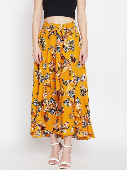Folk Republic Women Mustard Yellow Floral Printed Ruffled Asymmetrical Hem Maxi Skirt - #folk republic#