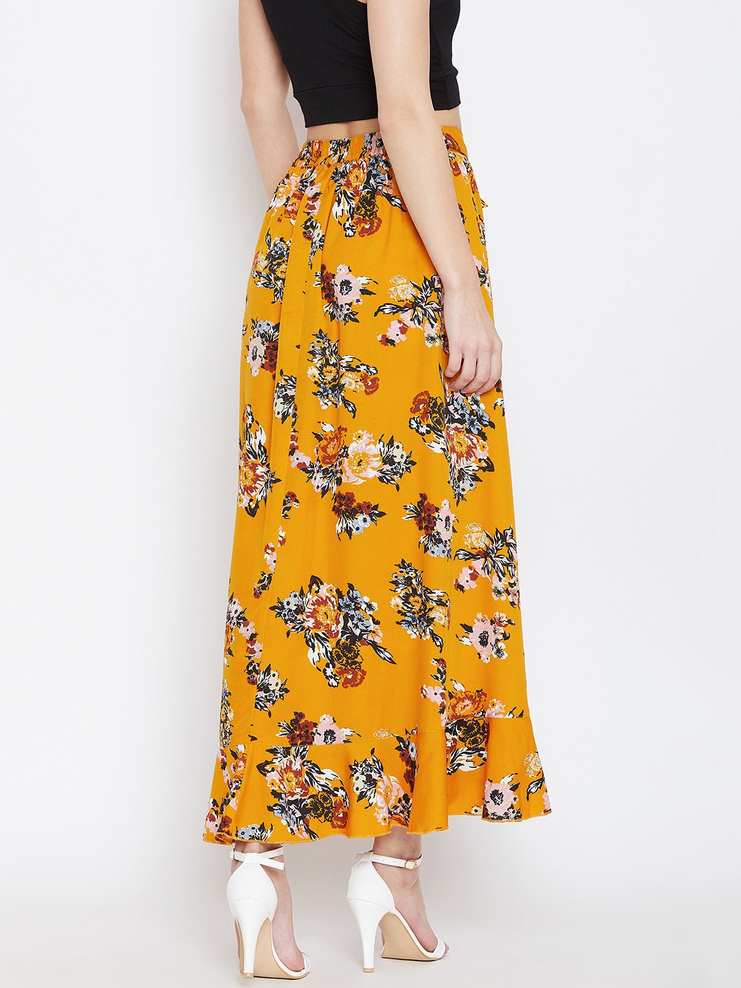 Folk Republic Women Mustard Yellow Floral Printed Ruffled Asymmetrical Hem Maxi Skirt - #folk republic#