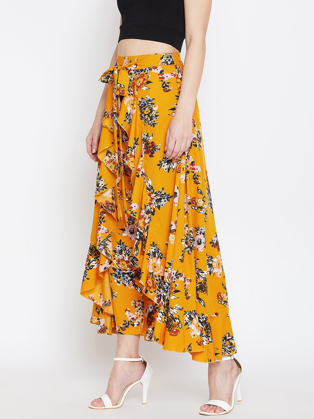 Folk Republic Women Mustard Yellow Floral Printed Ruffled Asymmetrical Hem Maxi Skirt - #folk republic#