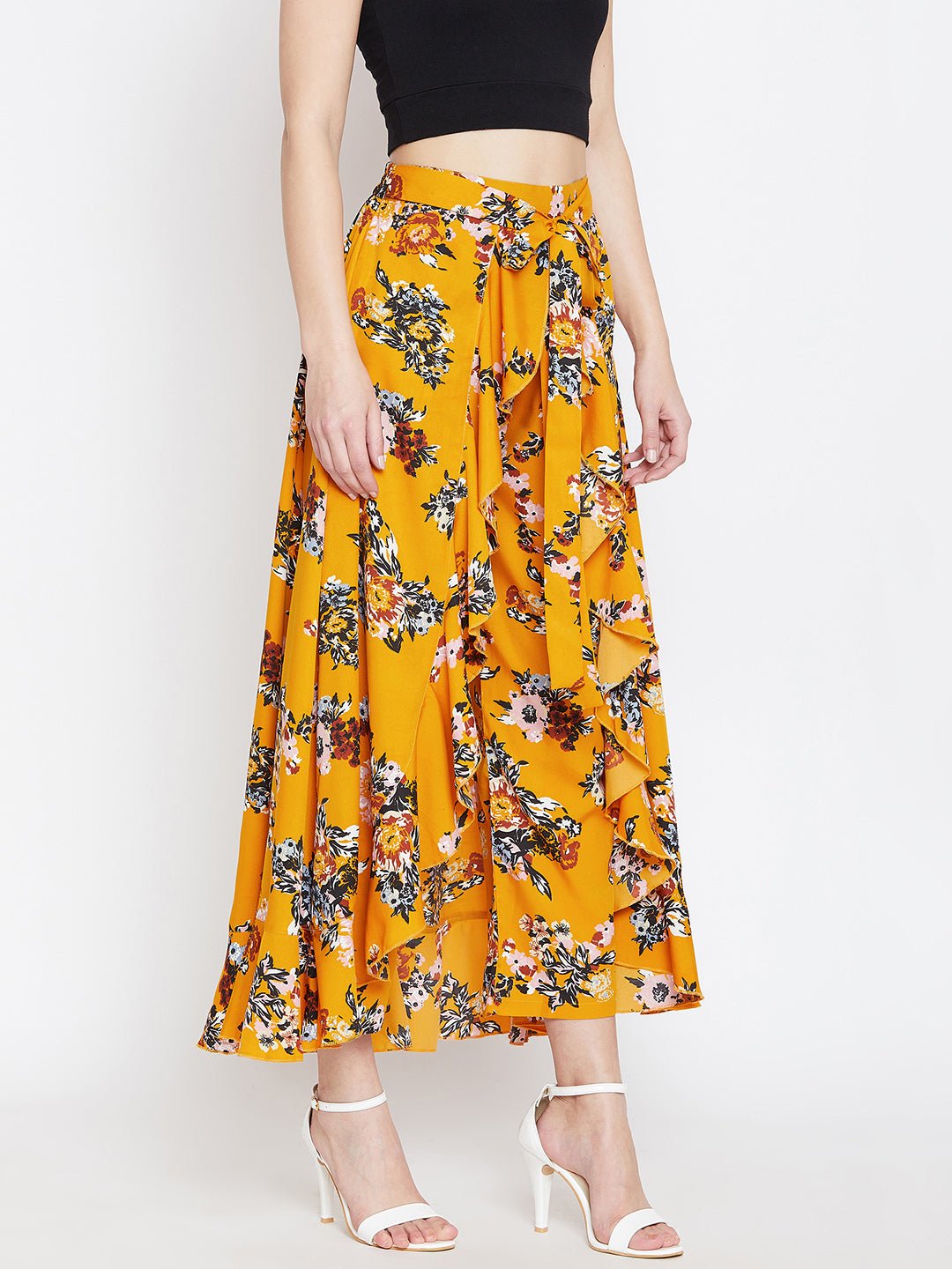Folk Republic Women Mustard Yellow Floral Printed Ruffled Asymmetrical Hem Maxi Skirt - #folk republic#