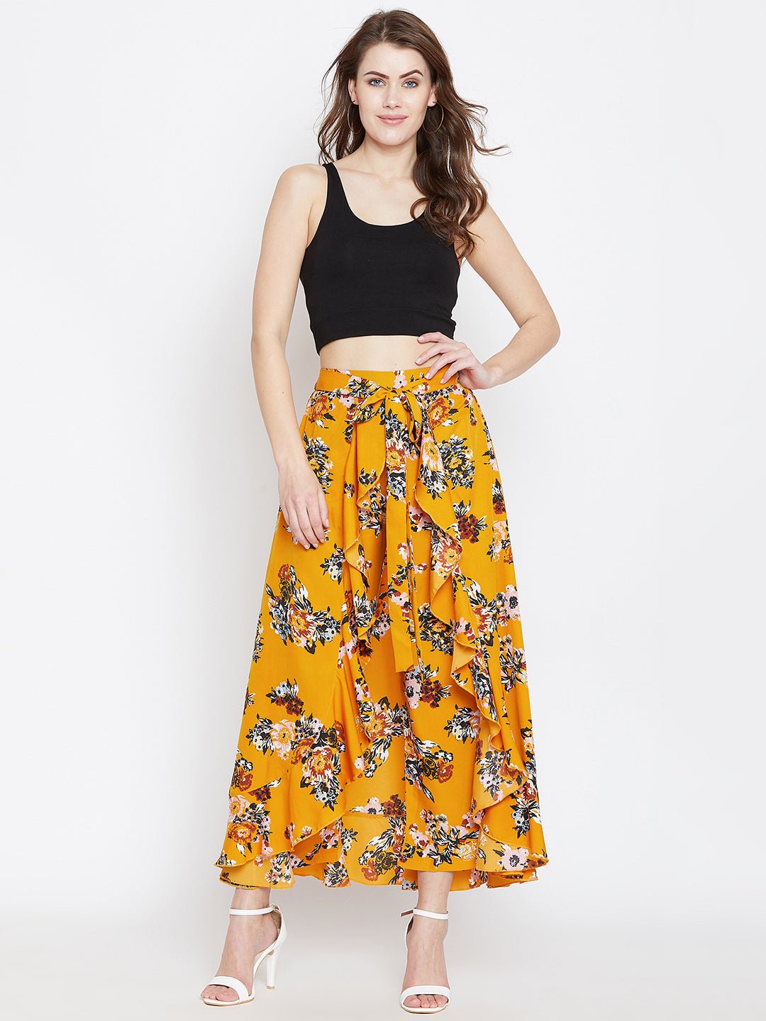 Folk Republic Women Mustard Yellow Floral Printed Ruffled Asymmetrical Hem Maxi Skirt - #folk republic#