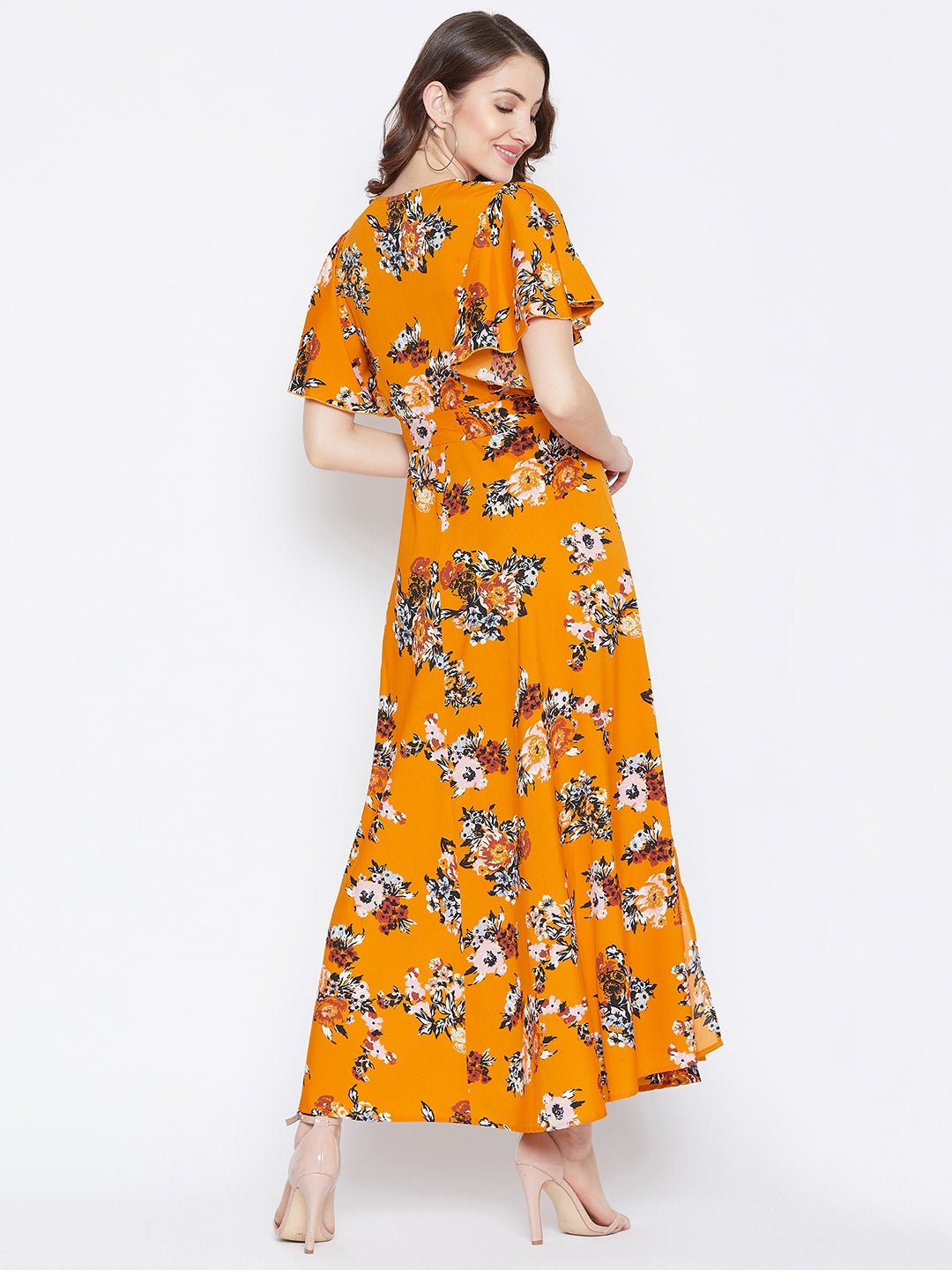Folk Republic Women Mustard Yellow Floral Printed V-Neck Maxi Dress - #folk republic#