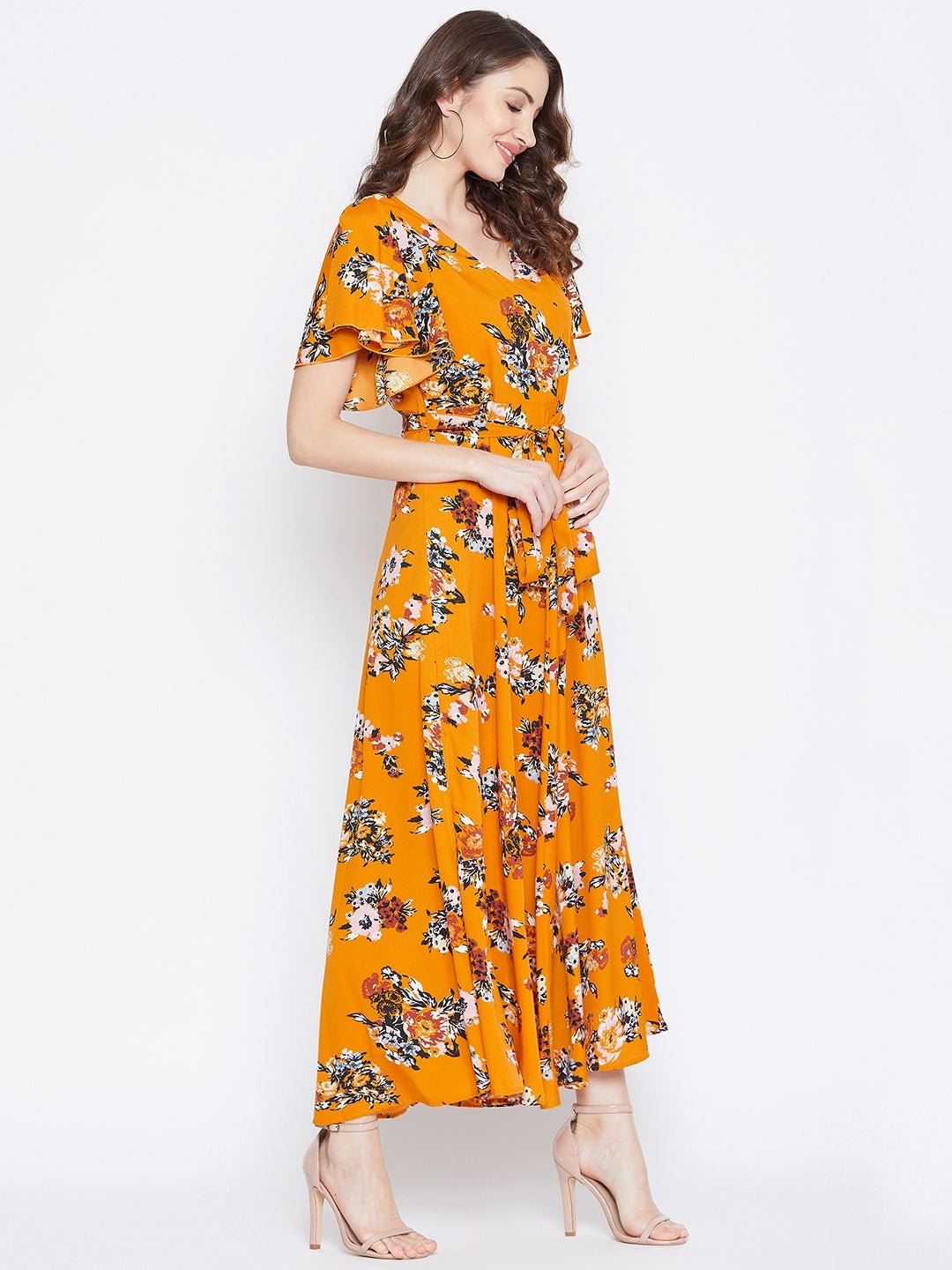 Folk Republic Women Mustard Yellow Floral Printed V-Neck Maxi Dress - #folk republic#