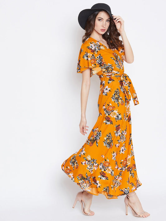 Folk Republic Women Mustard Yellow Floral Printed V-Neck Maxi Dress - #folk republic#