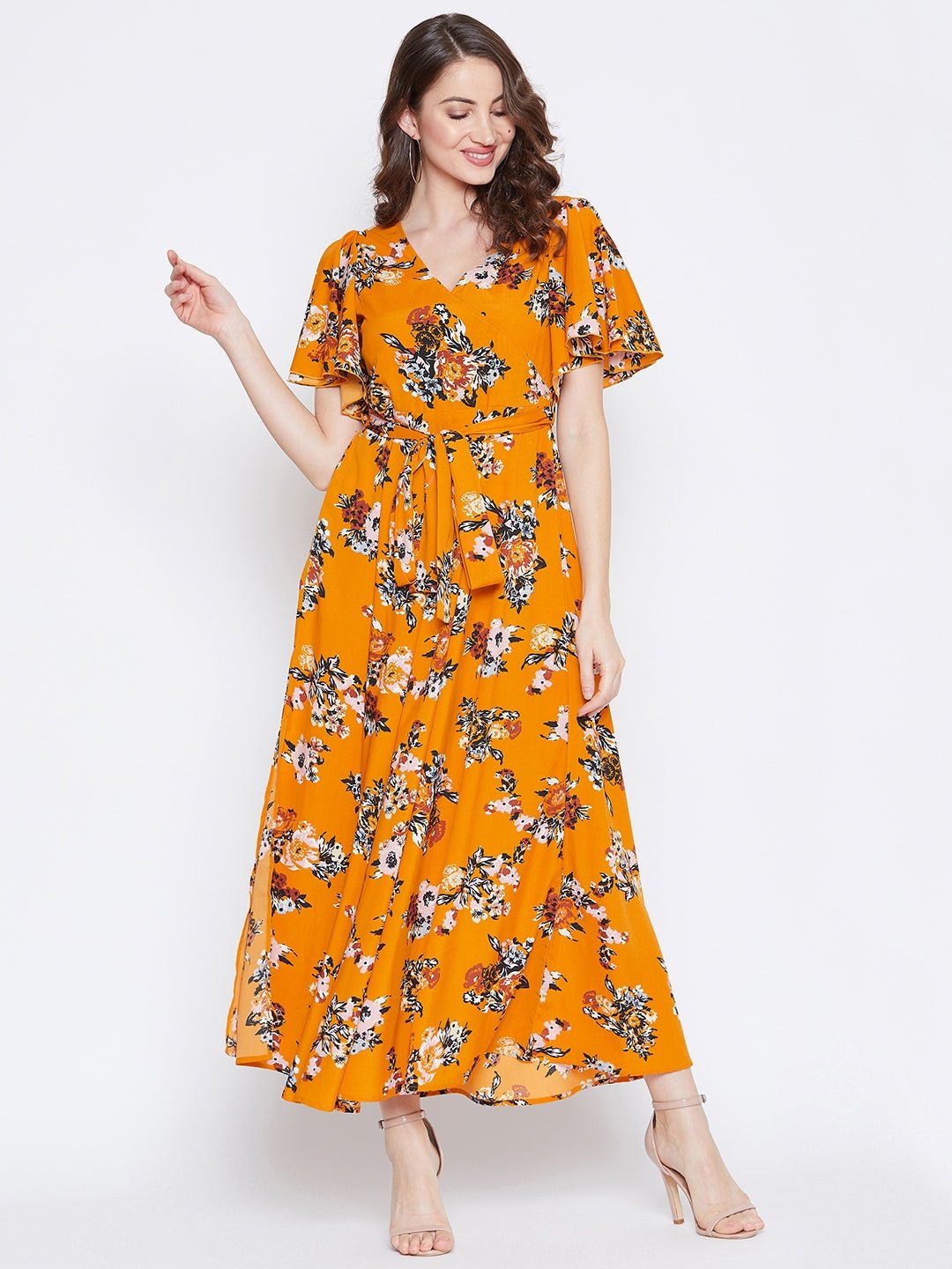 Folk Republic Women Mustard Yellow Floral Printed V-Neck Maxi Dress - #folk republic#