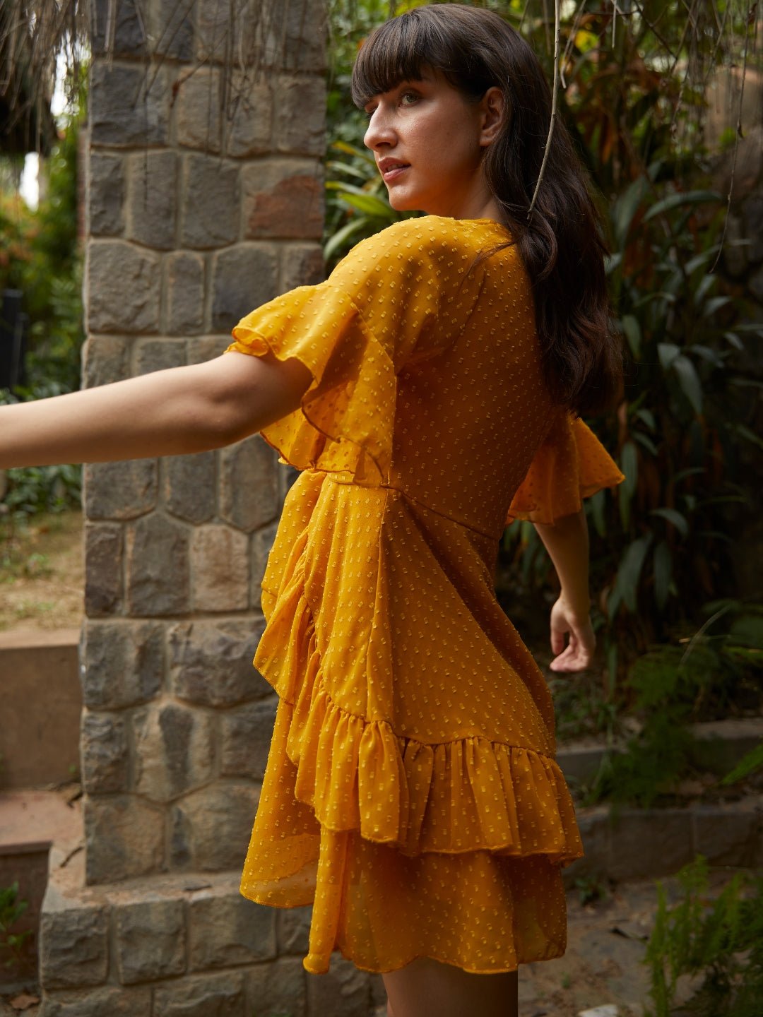 Folk Republic Women Mustard Yellow Ruffled Front Knot Layered Mini Dress - #folk republic#