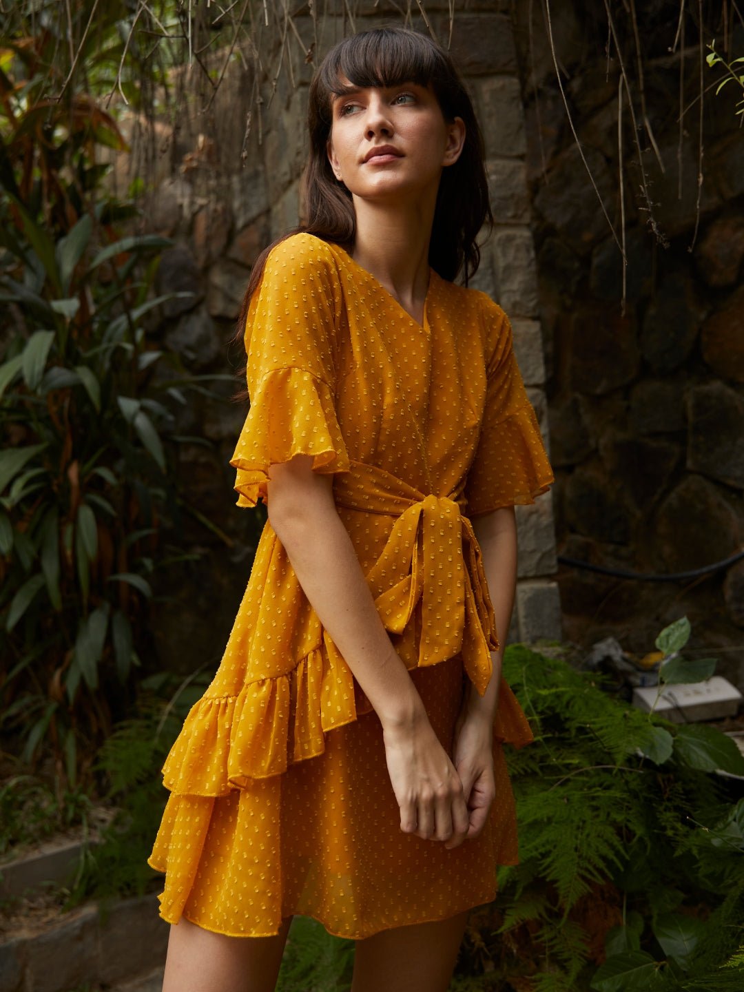 Folk Republic Women Mustard Yellow Ruffled Front Knot Layered Mini Dress - #folk republic#