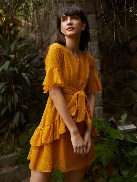 Folk Republic Women Mustard Yellow Ruffled Front Knot Layered Mini Dress - #folk republic#