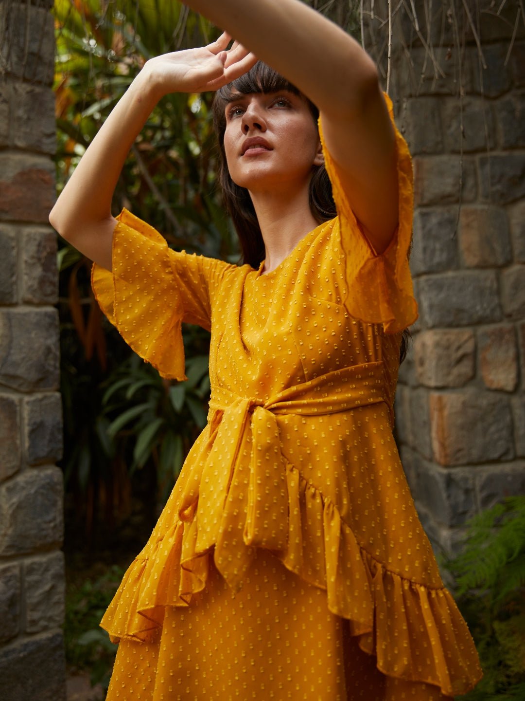 Folk Republic Women Mustard Yellow Ruffled Front Knot Layered Mini Dress - #folk republic#