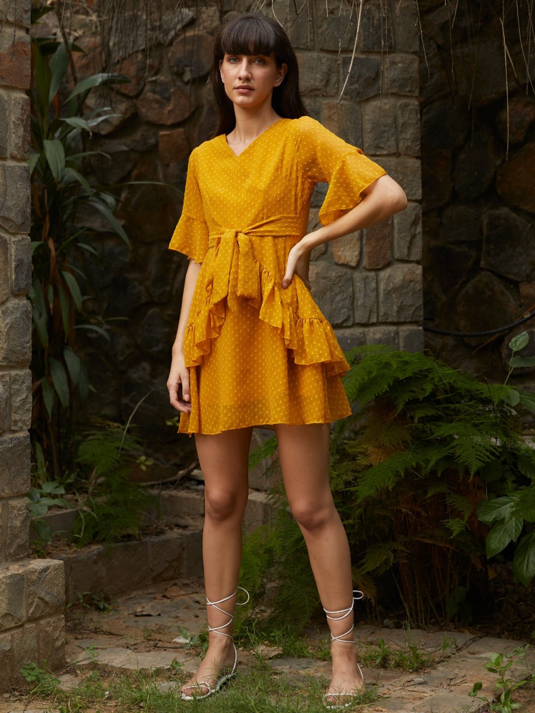 Folk Republic Women Mustard Yellow Ruffled Front Knot Layered Mini Dress - #folk republic#
