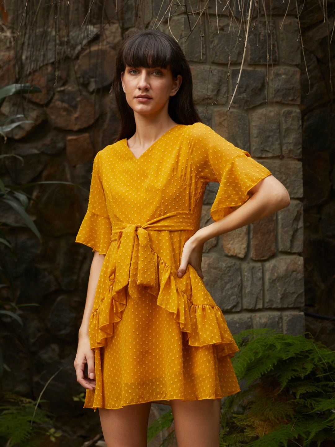 Folk Republic Women Mustard Yellow Ruffled Front Knot Layered Mini Dress - #folk republic#