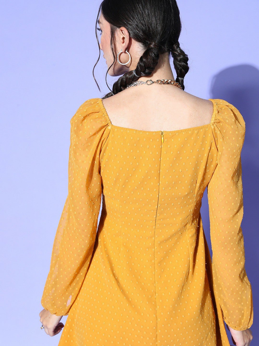 Folk Republic Women Mustard Yellow Self-Design Pattern Square Neck Flared A-Line Mini Dress - #folk republic#