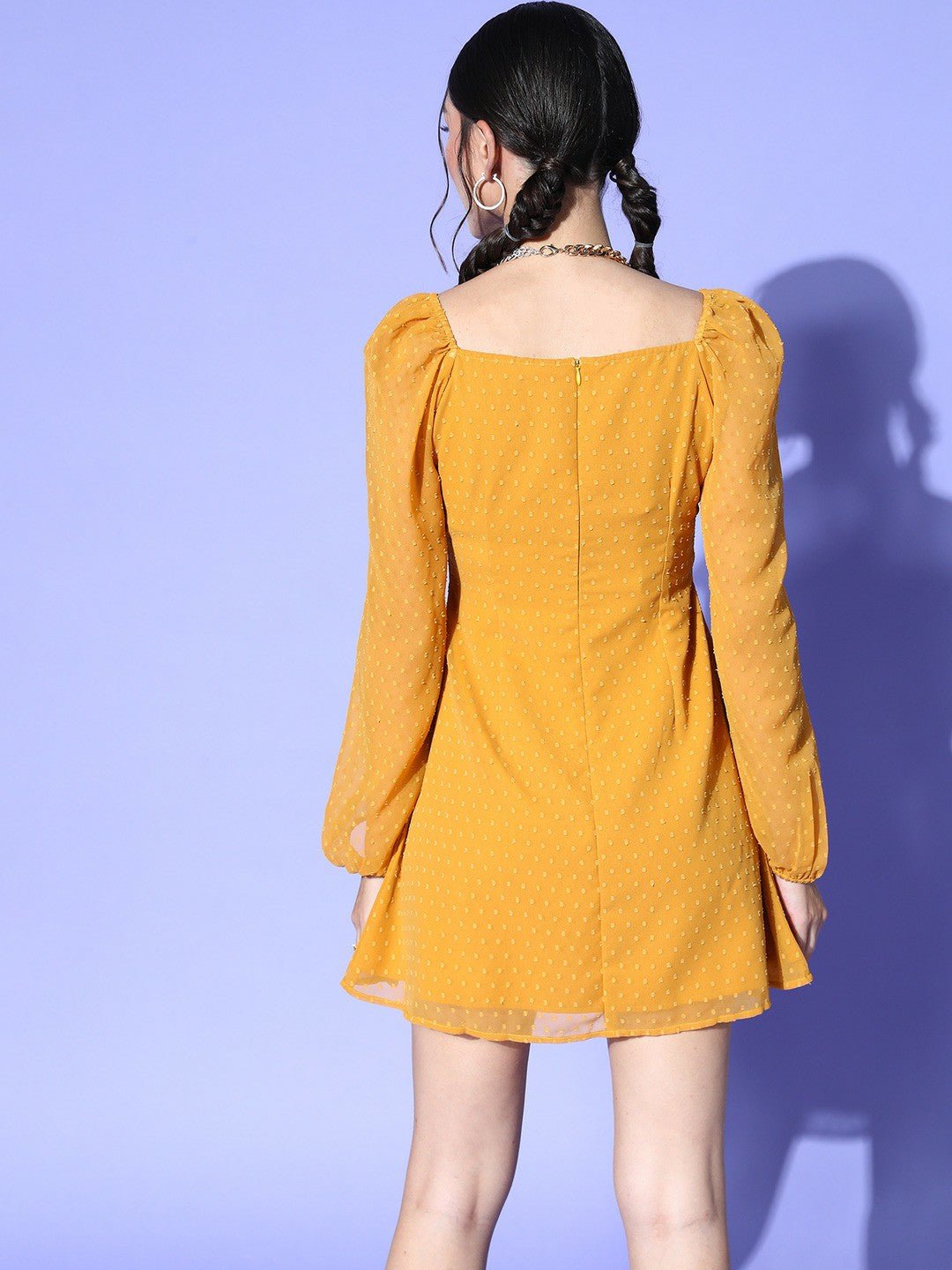 Folk Republic Women Mustard Yellow Self-Design Pattern Square Neck Flared A-Line Mini Dress - #folk republic#