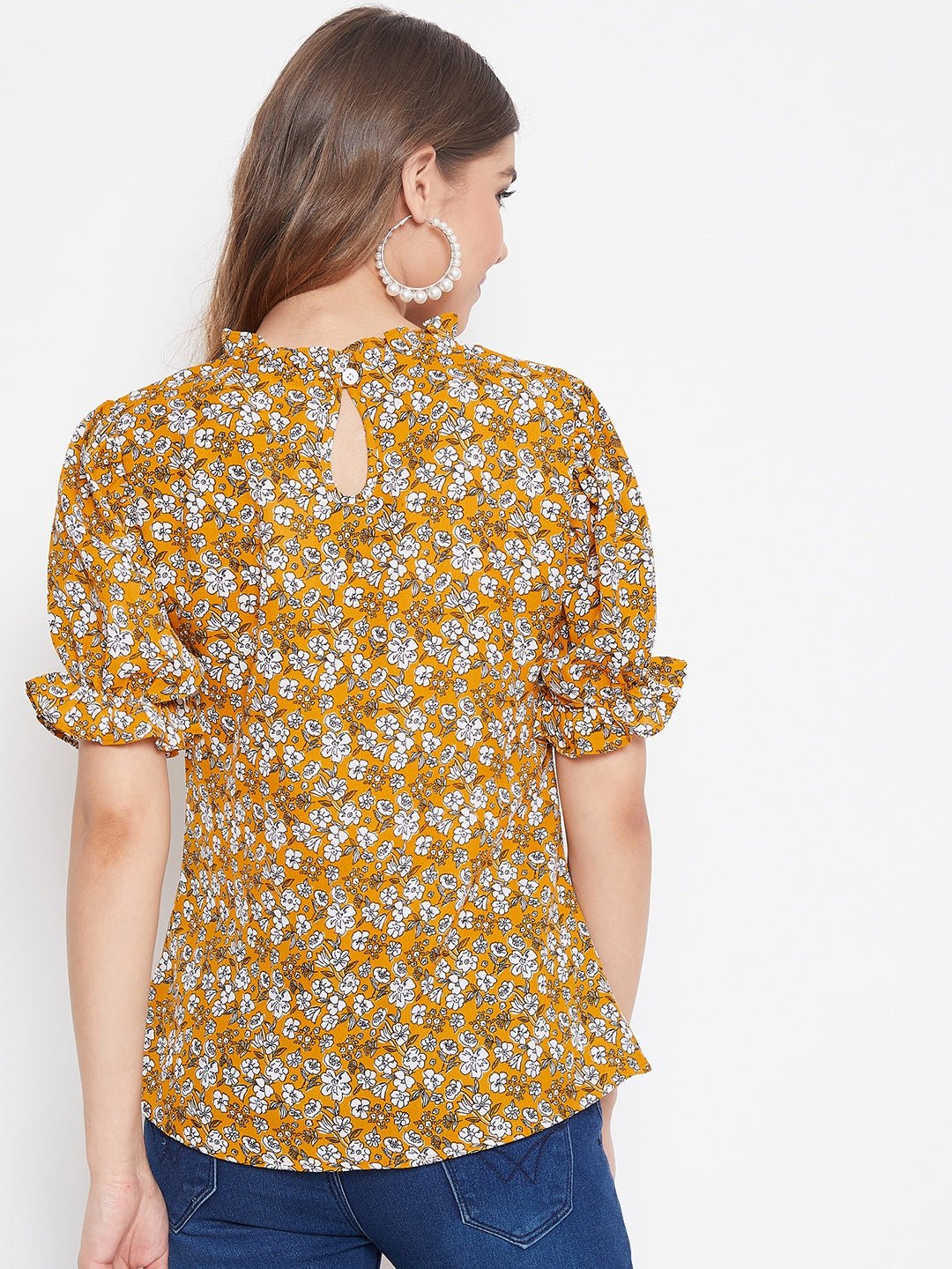 Folk Republic Women Mustard Yellow & White Floral Printed Mandarin Collar Pleated Top - #folk republic#