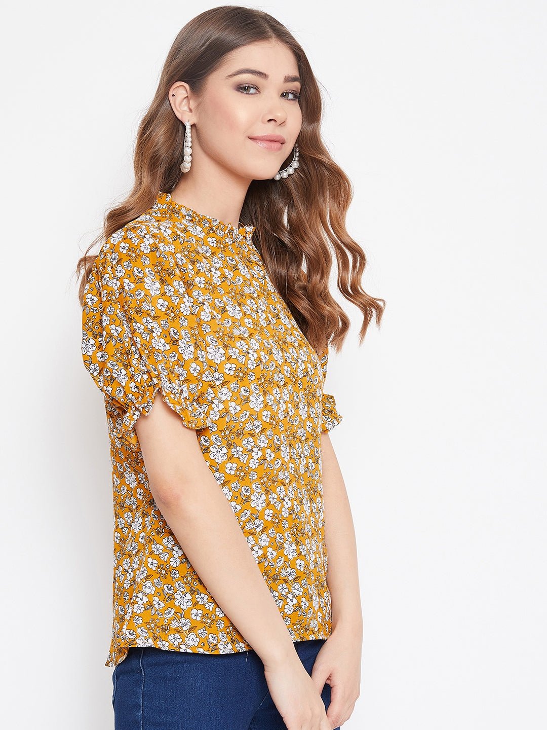 Folk Republic Women Mustard Yellow & White Floral Printed Mandarin Collar Pleated Top - #folk republic#